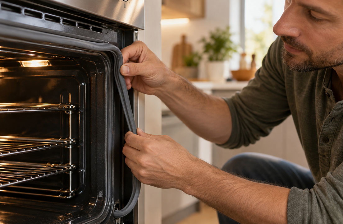 Man replaces the rubber gasket around the edge of an open oven