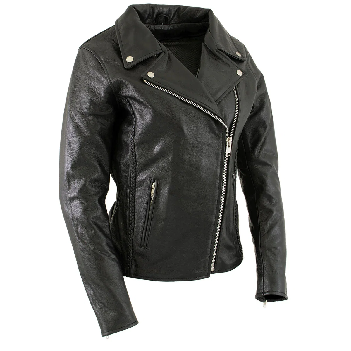 Image of Milwaukee Leather LKL27001 Women's Classic Braided Premium Black Leather Fitted Motorcycle Riders Biker Jacket
