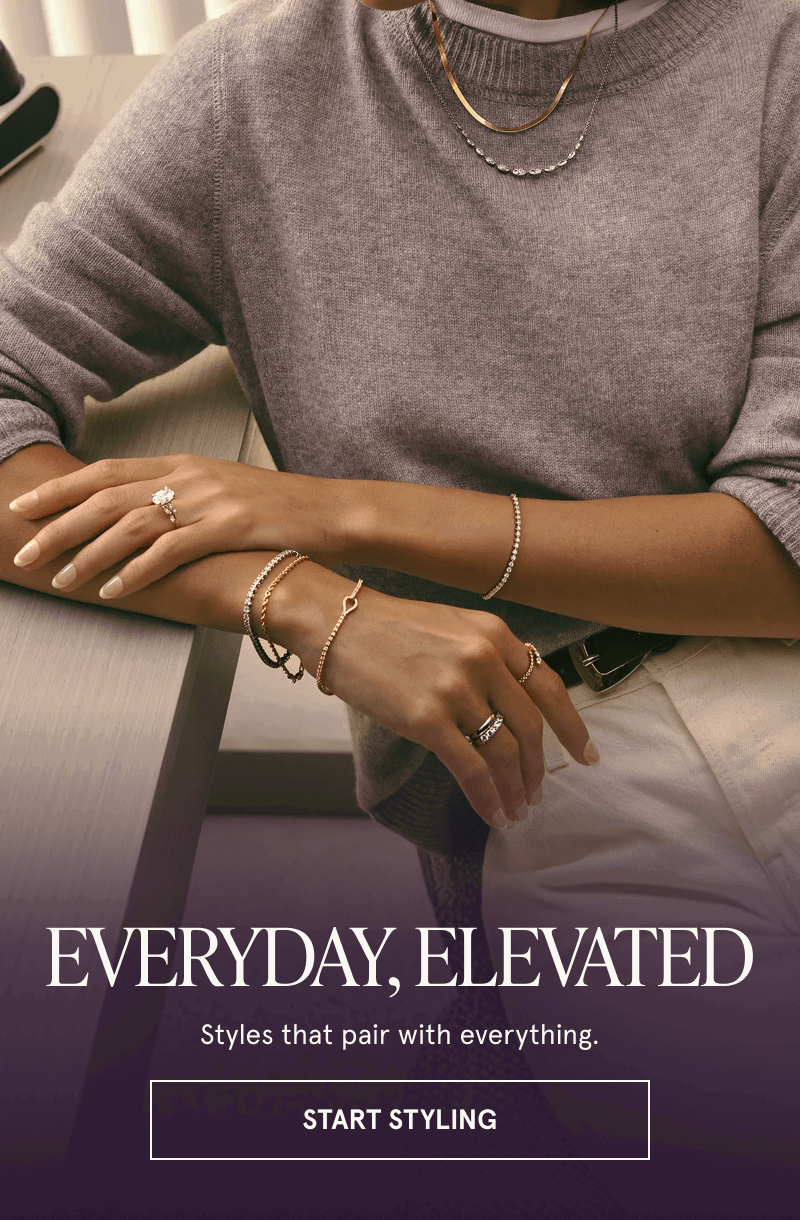 Model in variety of gold & diamond jewelry.  Everyday, elevated. Click here to start styling