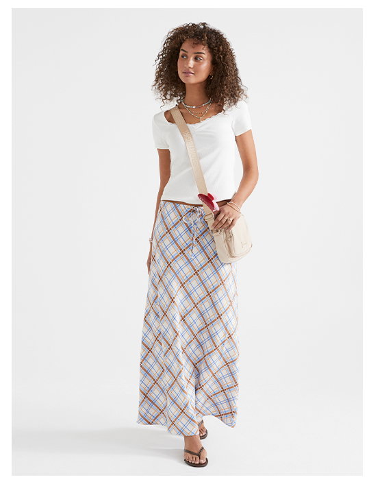 AVA BIAS DRAWCORD LINEN BLEND MIDI SKIRT