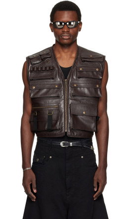 Brown Workwear Faux-Leather Vest - LU'U DAN