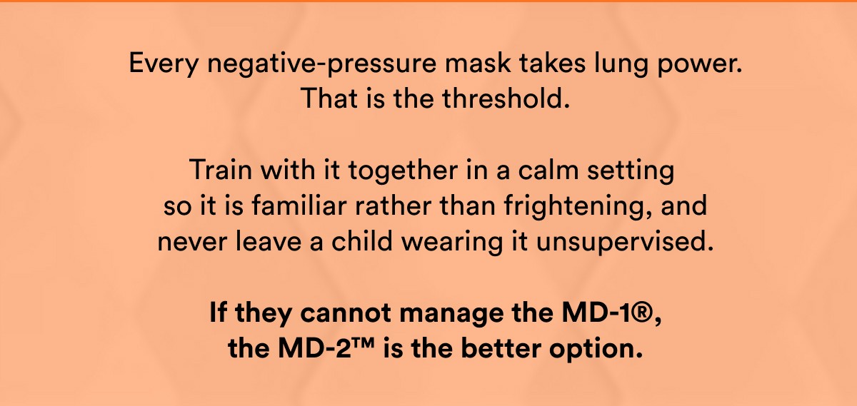 Every negative-pressure mask takes lung power. That is the threshold. Train with it together in a calm setting so it is familiar rather than…