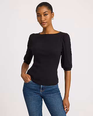 Ribbed Boat Neck Puff Sleeve Tee