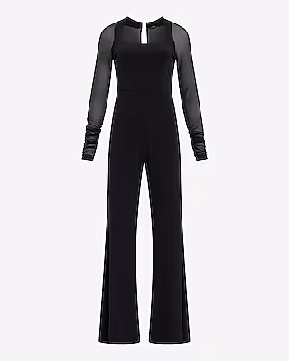 Mesh Pieced Square Neck Long Sleeve Wide Leg Jumpsuit