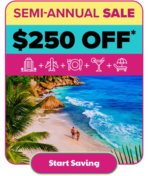 Semi-Annual Sale $250 OFF* Plane + hotel + food + drink (icons)