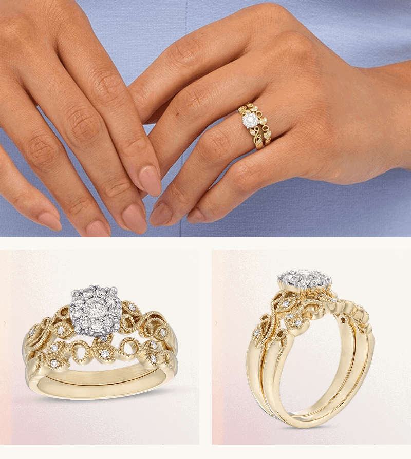 Vintage-inspired yellow gold bridal ring set with rounded-cluster diamond & intricate filigree work, shown from 3 perspectives.