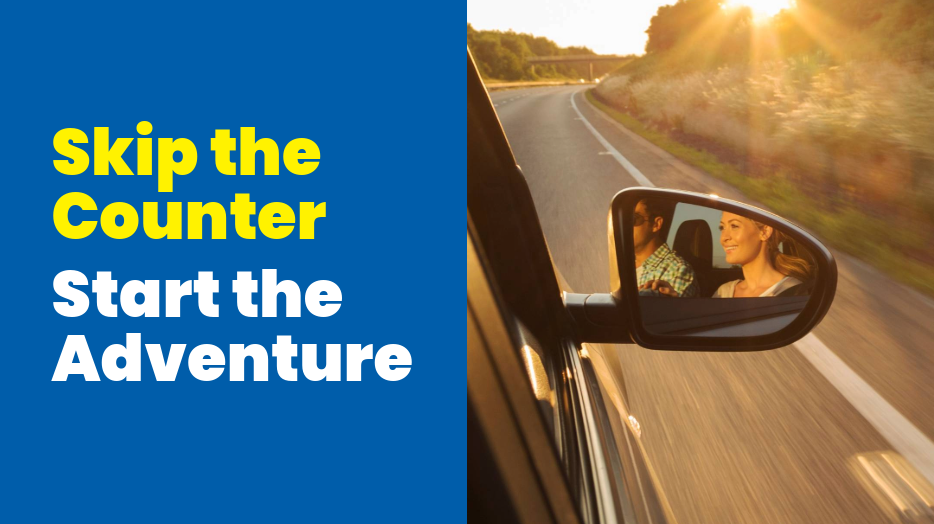 Skip the counter. Start the adventure. Car side mirror view during a sunset drive with a couple reflected in the mirror.