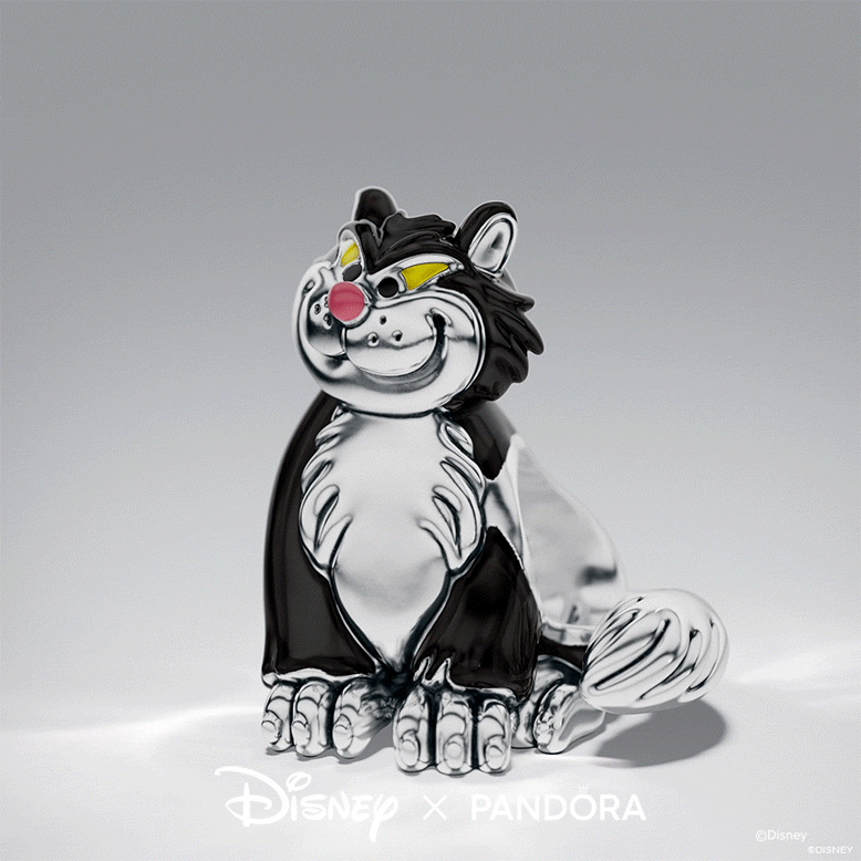 A GIF showing a black and silver Lucifer charm and a pink bear Lotso charm from Disney x Pandora