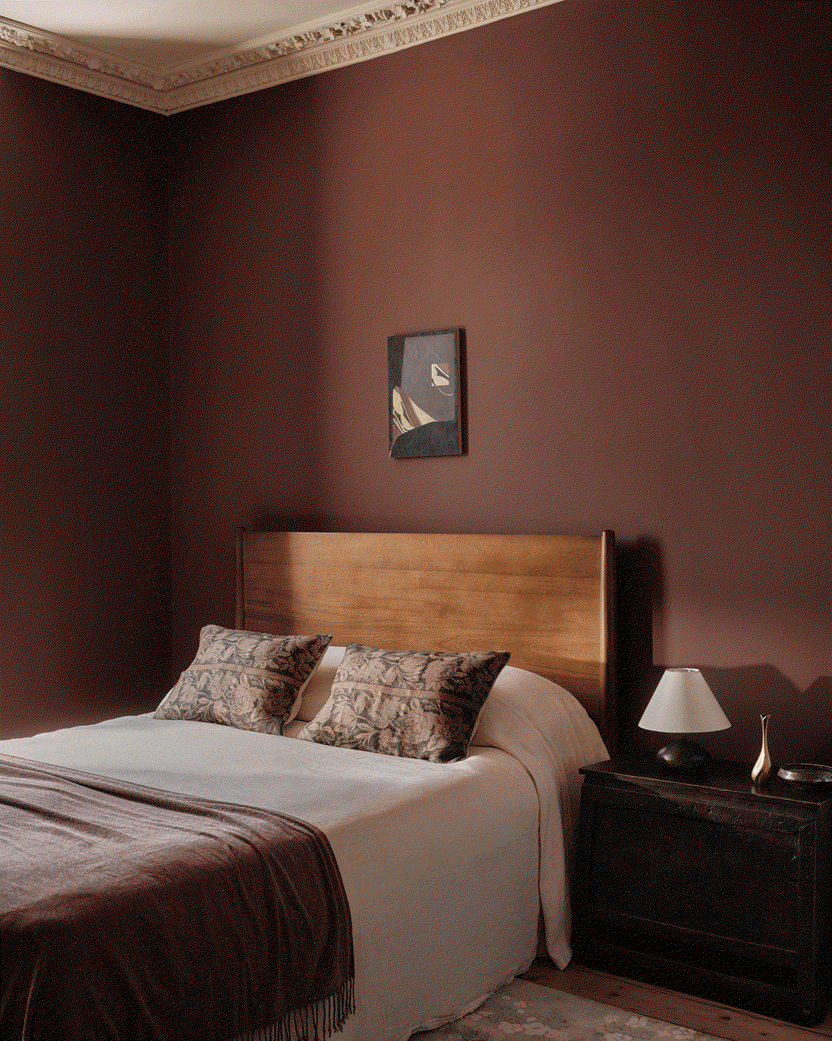 Animated sequence showing a bedroom painted in Farrow & Ball Etruscan Red and a bathroom painted in Dead Salmon, showcasing warm heritage colours.