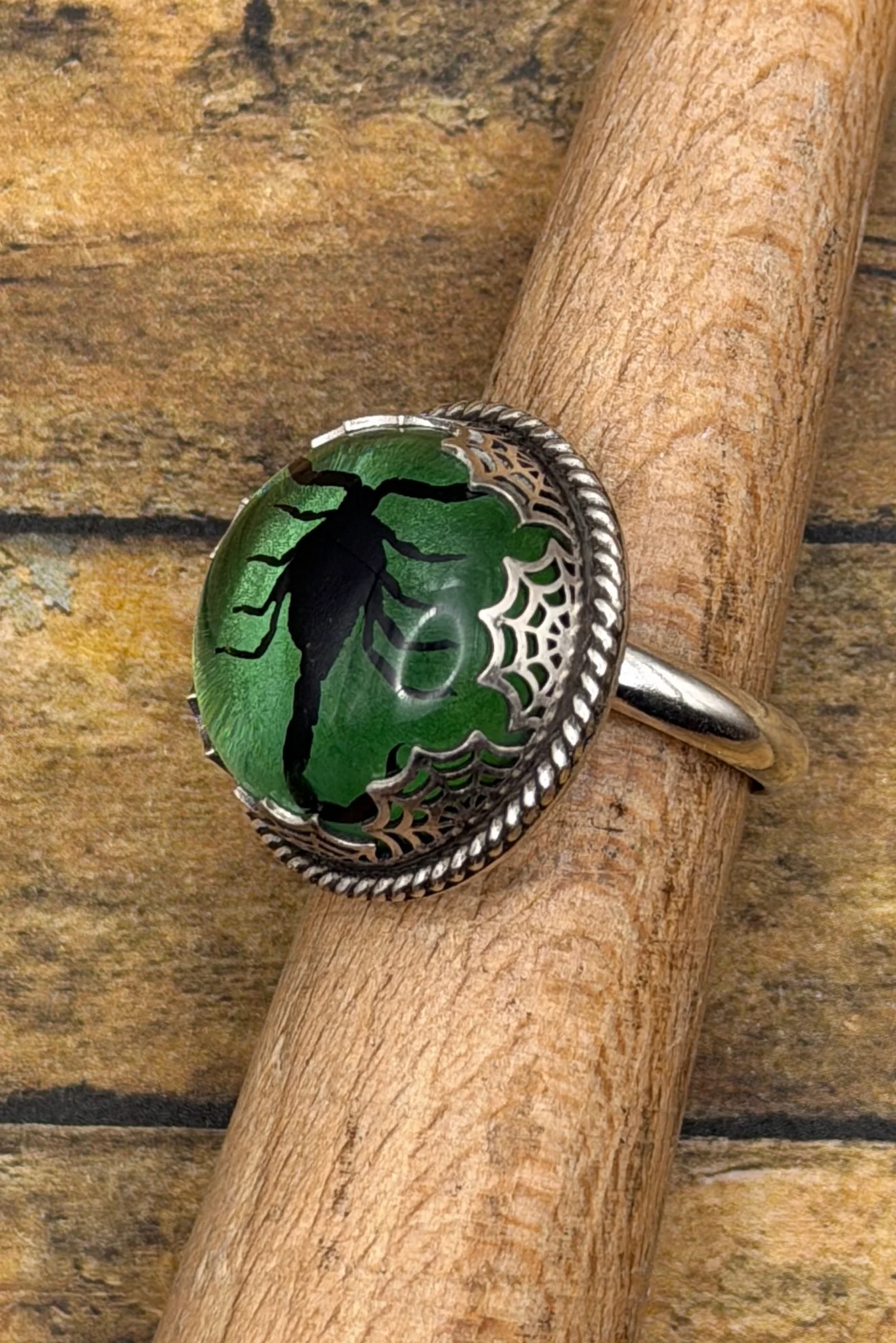 Winter - Spiderweb Black Scorpion Green Shimmer Statement Ring