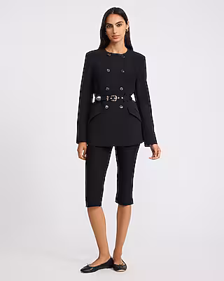 Collarless Double Breasted Belted Blazer in Studio Stretch Twill