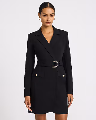 Crepe Collared V-Neck Belted Blazer Mini Dress with Pockets