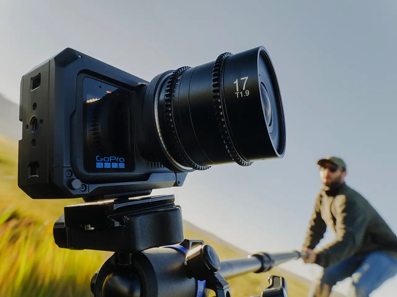 A GoPro camera on a tripod with a cinema lens.