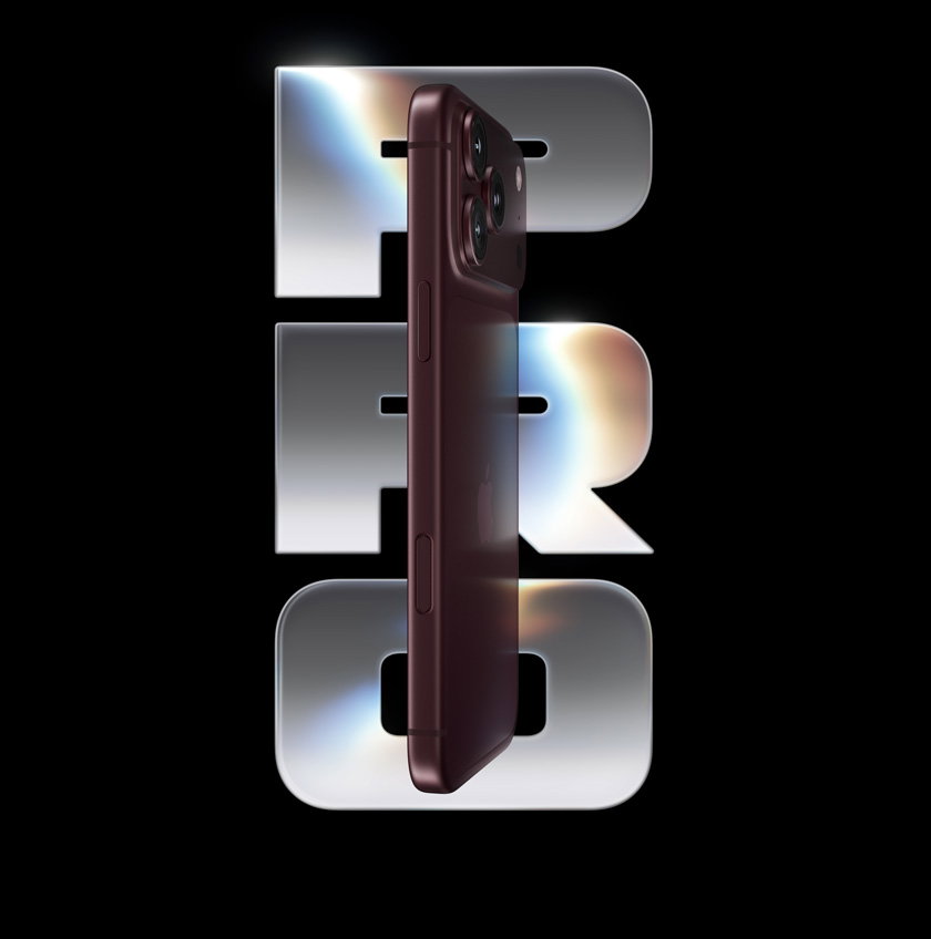 iPhone 18 Pro, angle view, behind it are bold letters 'PRO' in color metallic