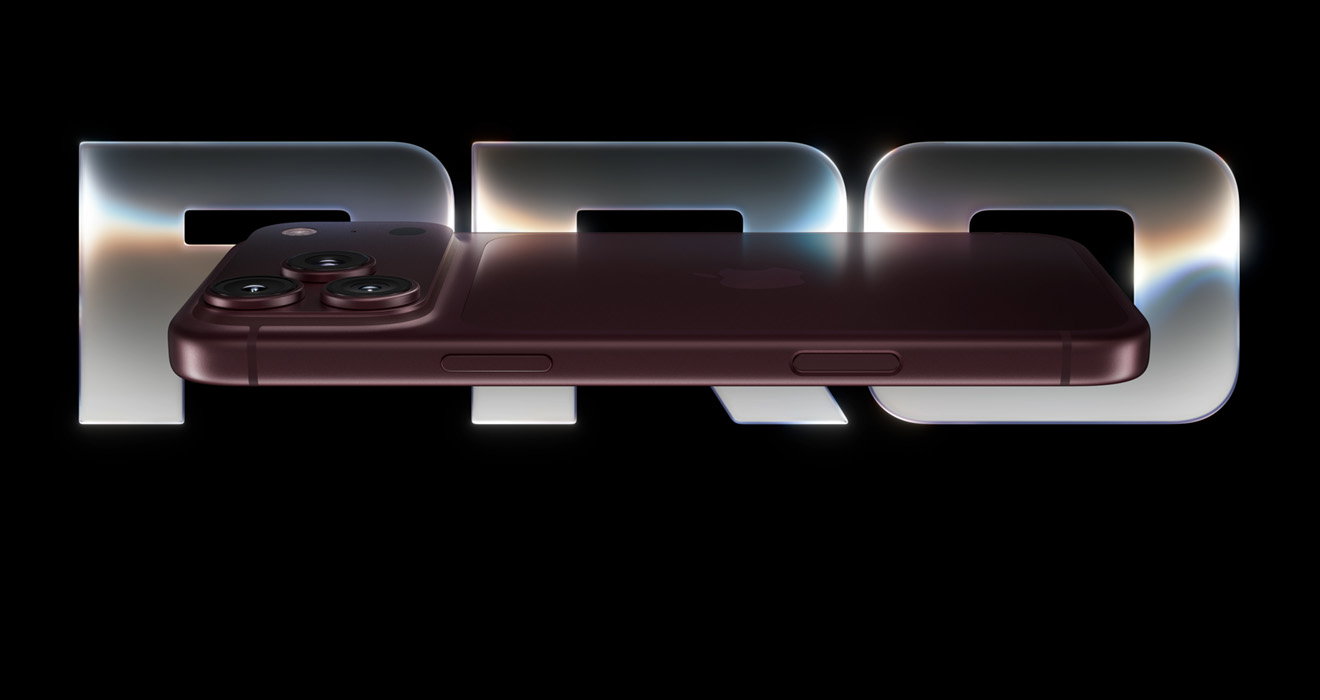 iPhone 18 Pro, angle view, behind it are bold letters 'PRO' in color metallic