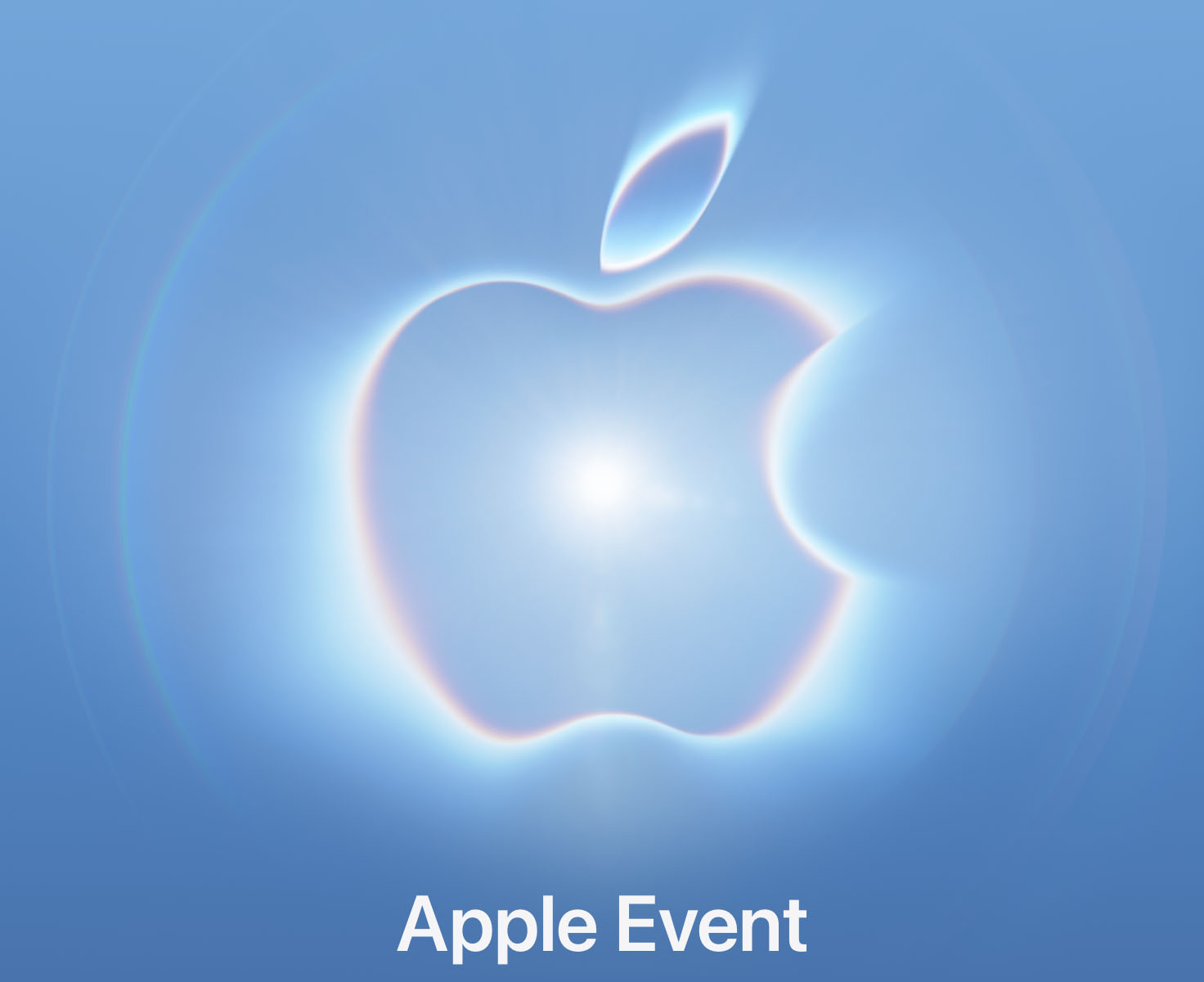 Apple Event logo with a glowing neon effect in blue and pink hues, a bright white flare at its center, on a gradient background