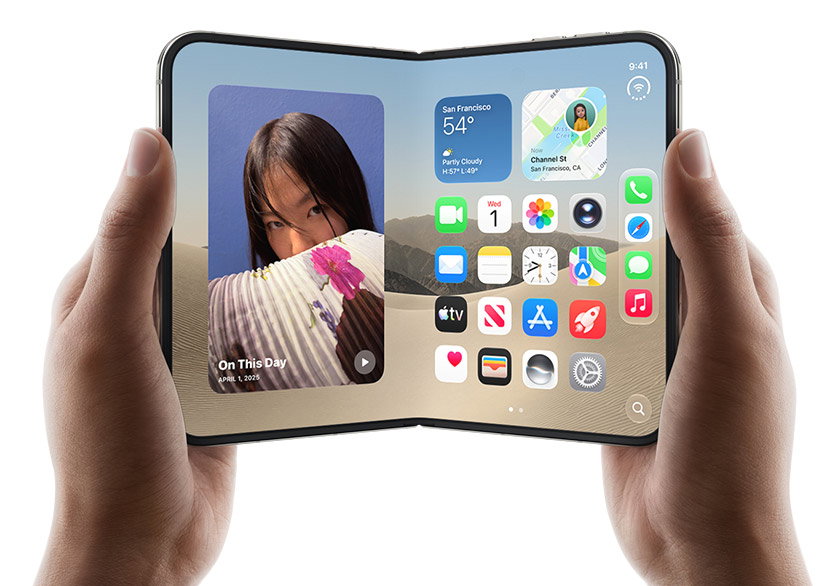 Two hands hold an open iPhone Duo, left screen displays a photo of a woman, right screen shows a home screen with various app icons, including Messages, Photos, Camera, and App Store