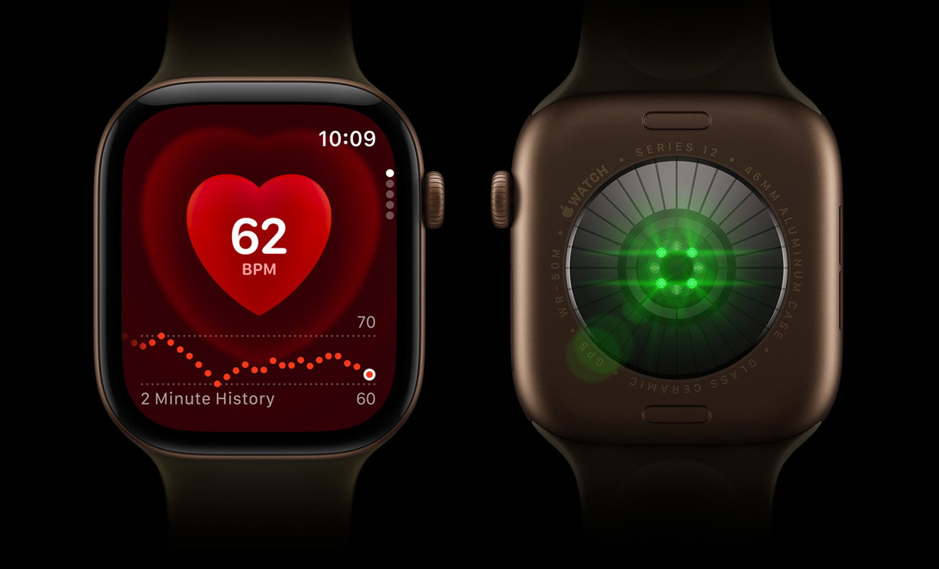 Two Apple Watch Series 12 devices side by side; Front-view of Apple Watch Series on left, screen displays heart rate monitor; Back-view of Apple Watch Series 12 on right, lights shine bright, color green