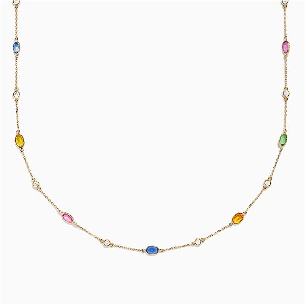 14K Yellow Gold Multi Sapphire and Diamond Station Necklace