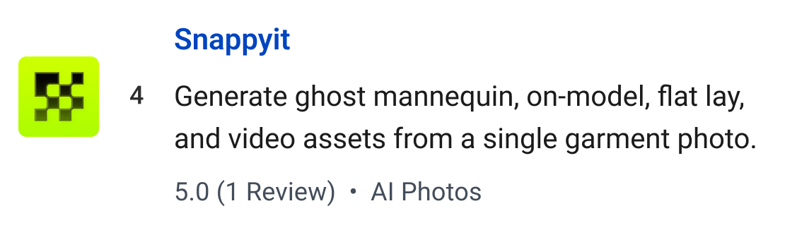 Snappyit: Generate ghost mannequin, on-model, flat lay, and video assets from a single garment photo.