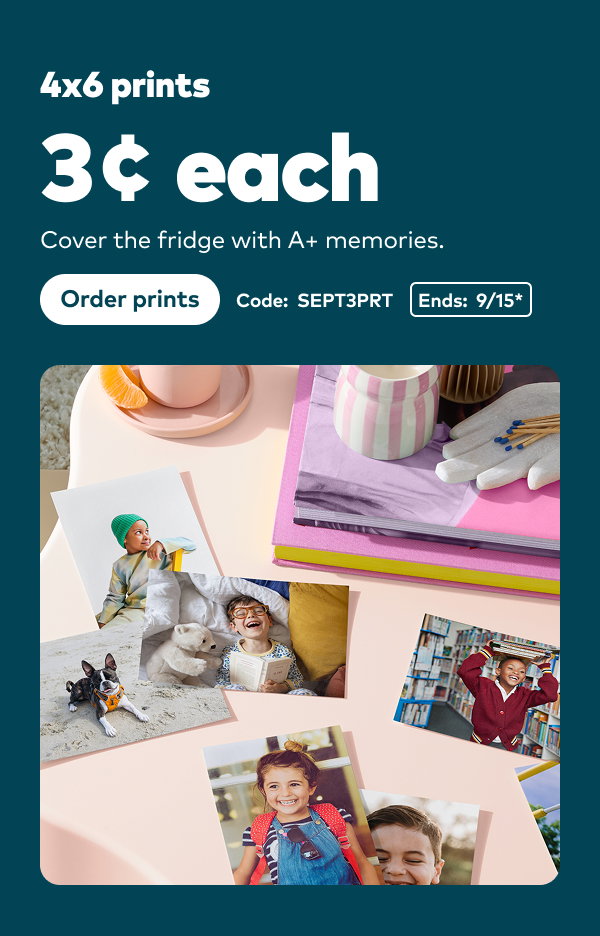 4x6 prints 3 cents each. Code: SEPT3PRT. Ends: 9/15, see site for details. Order prints.