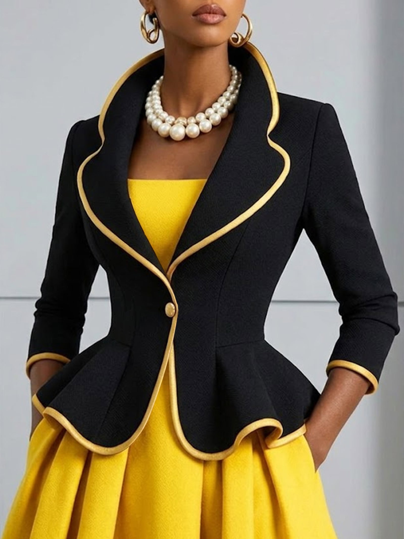 Elegant Split Joint Color Block Shawl Collar Jacket