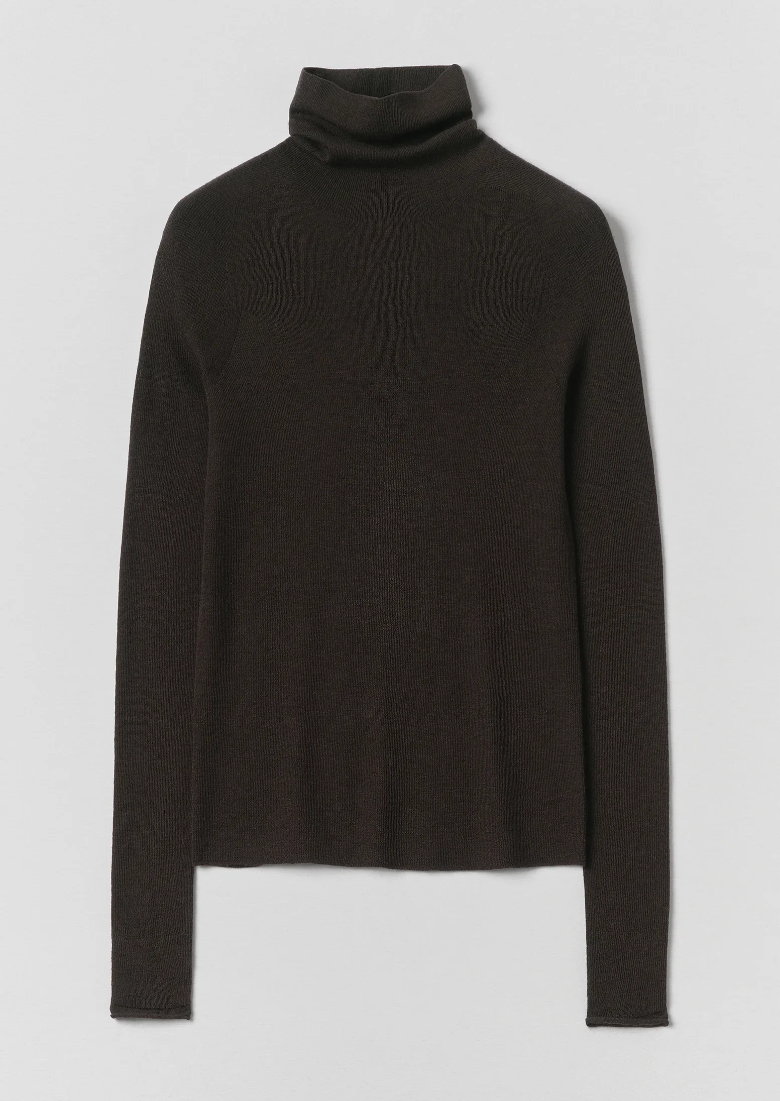 Image of High Neck Wool Cashmere Fine Ribbed Sweater | Brown Umber