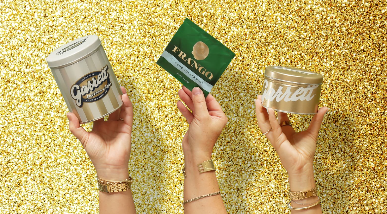 petite tins of garrett popcorn and mini box of Frango