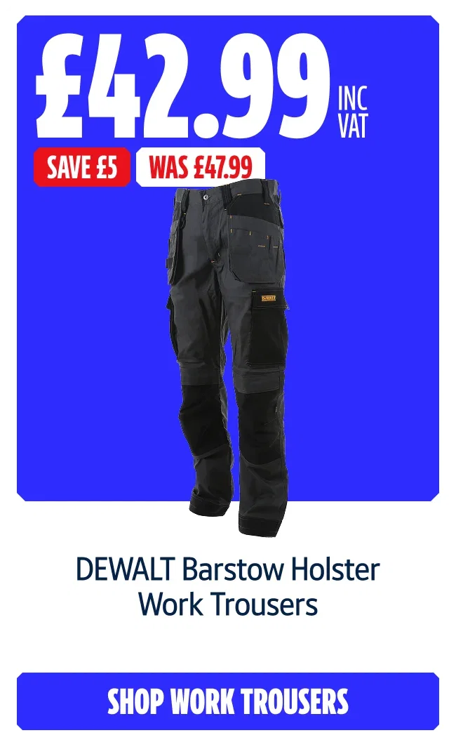 Save £5 on DEWALT Barstow Holster Work Trousers. Now £42.99 Inc VAT Was £47.99. Shop work trousers