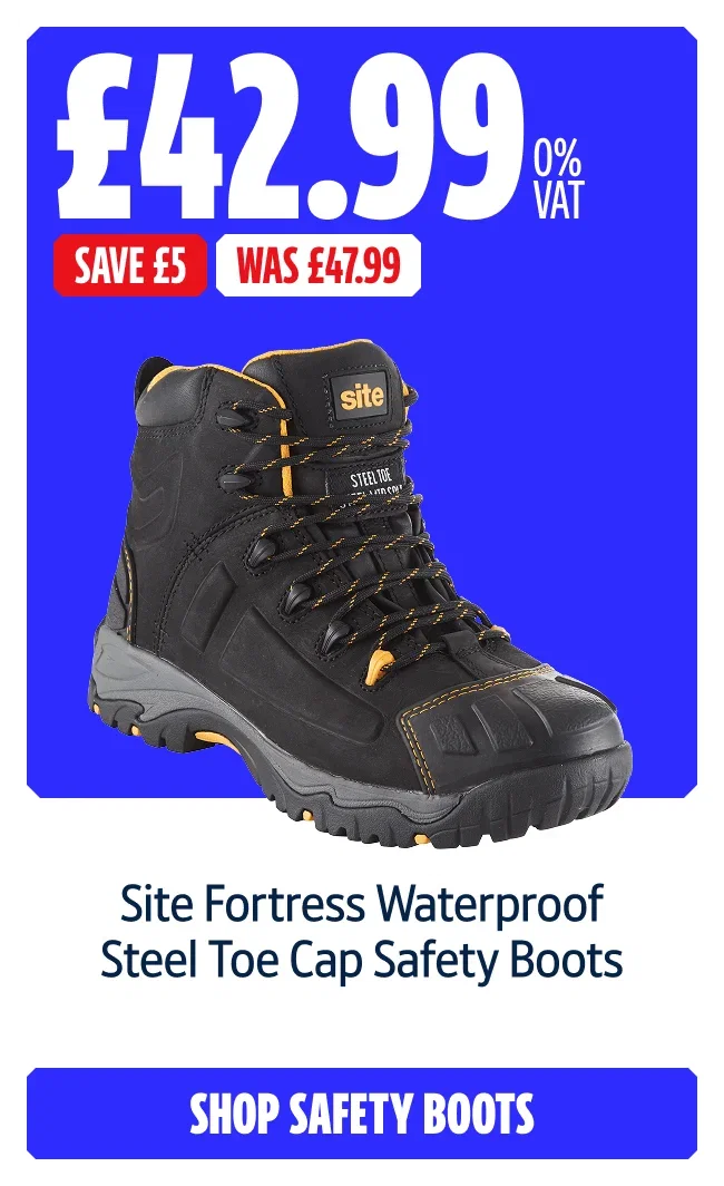 Save £5 on Site Fortress Waterproof Steel Toe Cap Safety Boots.  Now £42.99 0% VAT Was £47.99	. Shop safety boots