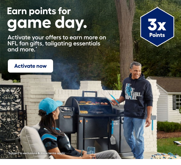 Earn points for game day. Activate your offers to earn more on NFL fan gifts, tailgating essentials and more. *  