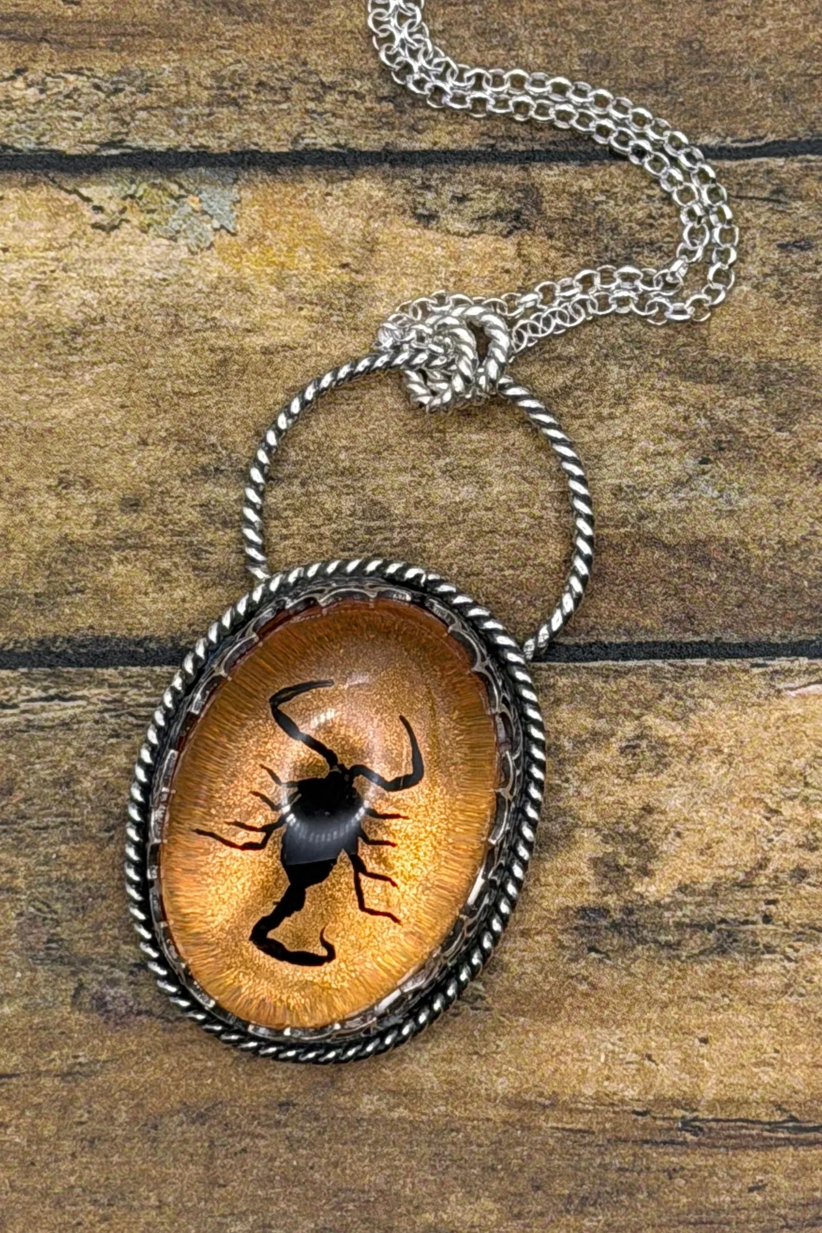 Willa - Spiderweb Black Scorpion Orange Shimmer Pendant Necklace