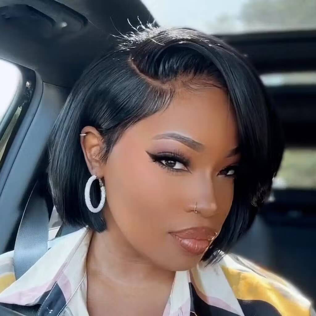 IDefinewig Side Part Wear and Go Wigs Short Bob Wig With Bangs Pre Cut Lace Human Hair Wigs