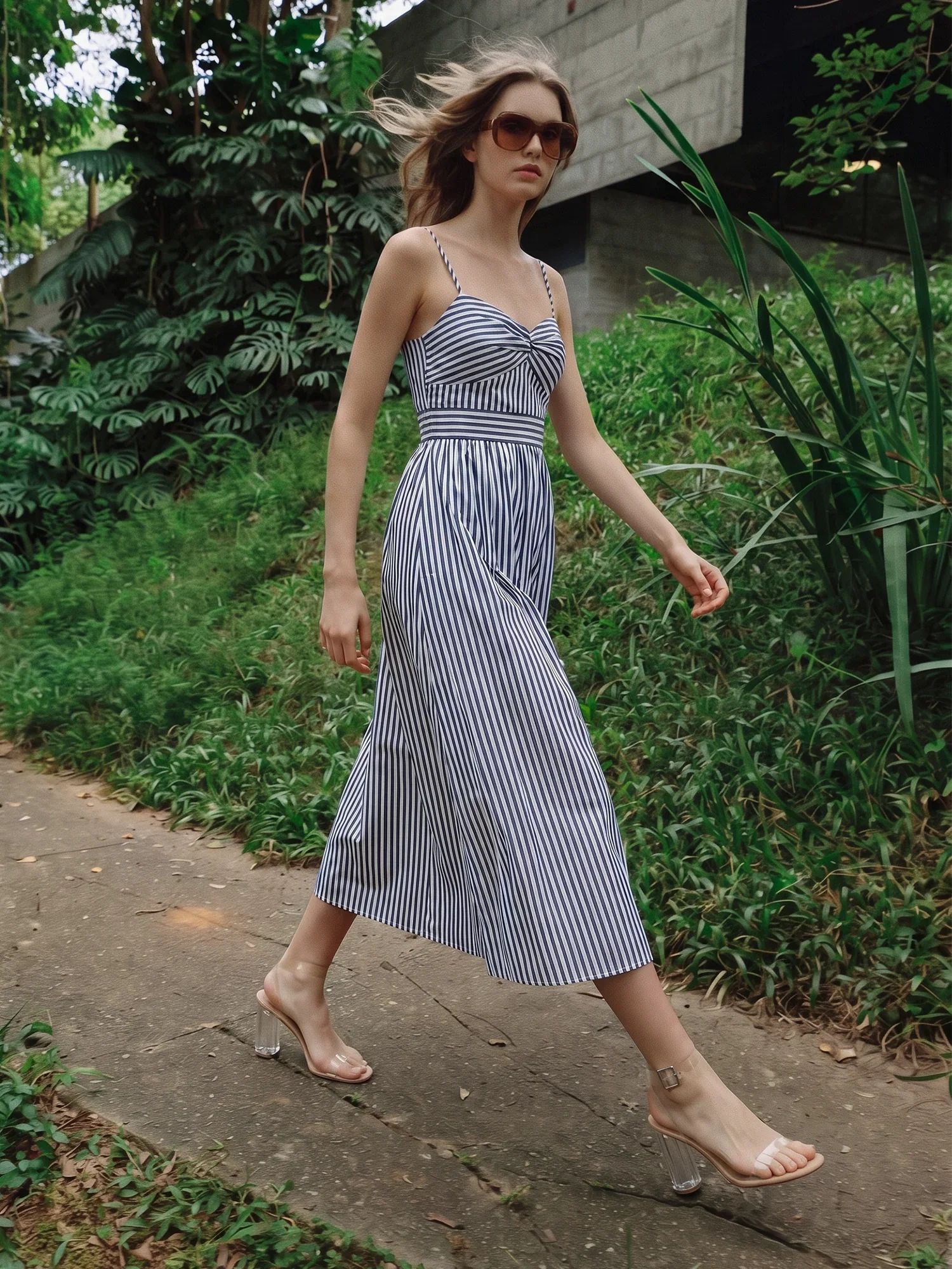 Image of Sleeveless Striped Sweetheart Neckline A-Line Midi Dress