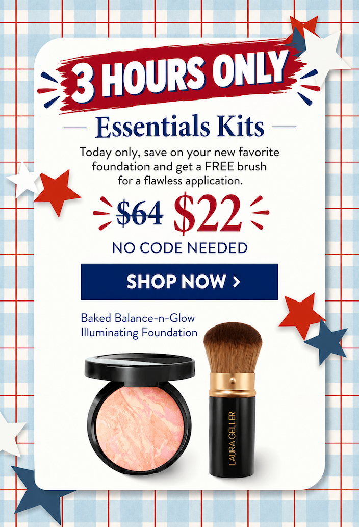 3 Hours Only - Essentials Kits - Baked Balance-n-Brighten Plus a free brush for just $22.SHOP NOW> 