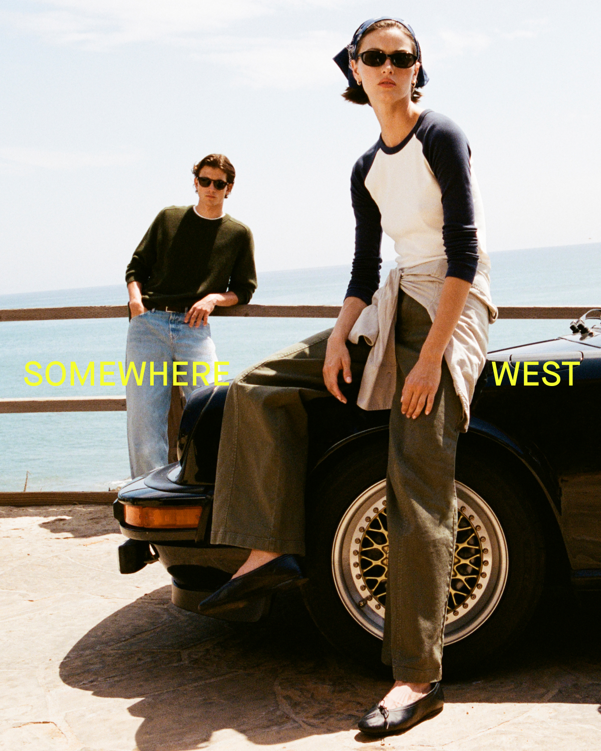 Editorial Image | Somewhere West | 2 Models on Coast with a vintage car.