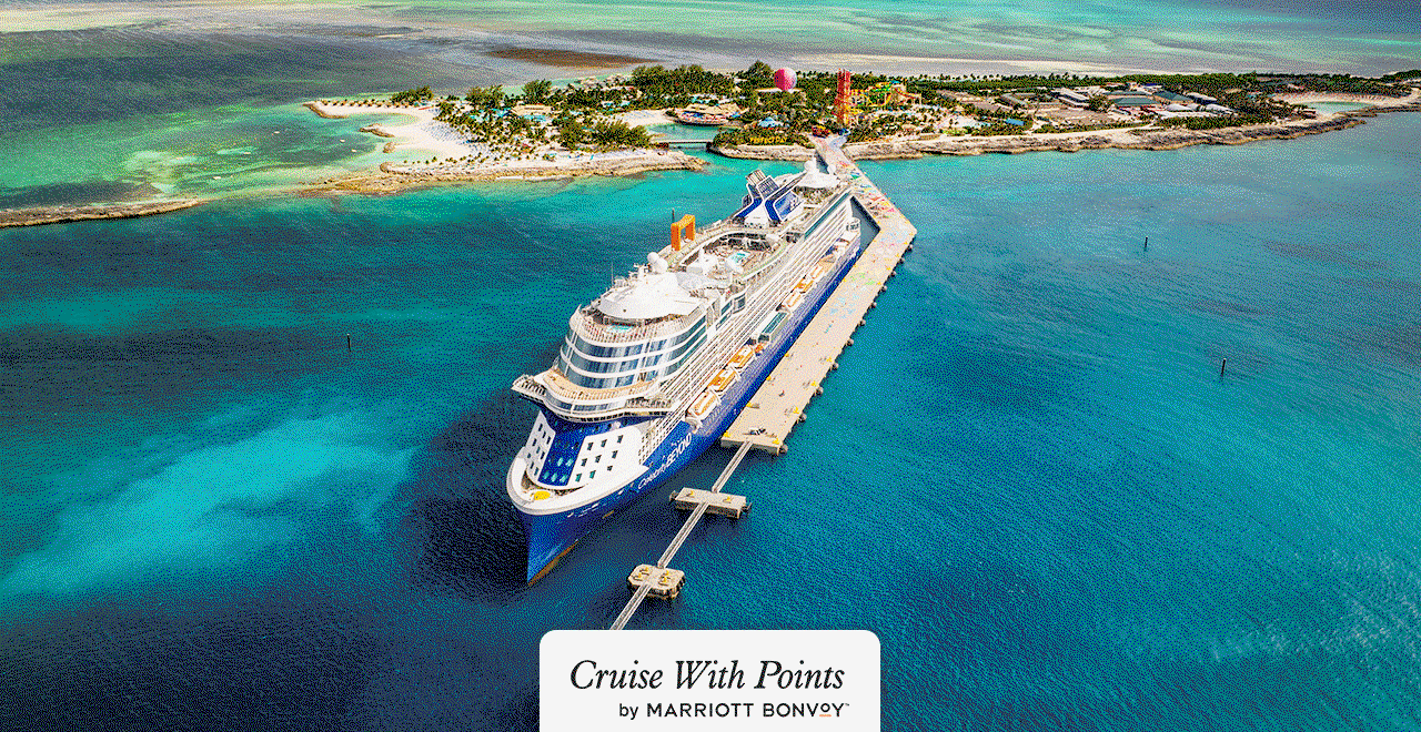 Destination image showing a cruise ship docked at a port in the Caribbean.