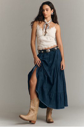 Pilcro 100% Cotton Denim Tiered Midi Skirt