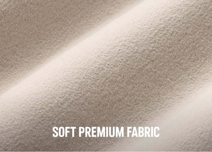 Close-up of white fabric with text: SOFT PREMIUM FABRIC