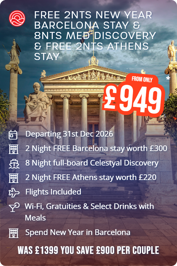 Free 2nts New Year Barcelona Stay & 8nts Med Discovery & Free 2nts Athens Stay – Smart Holiday promotional image. From £949 Includes: Departing 31st Dec 2026, 2 Night FREE Barcelona stay worth £300, 8 Night full-board Celestyal Discovery, 2 Night FREE Athens stay worth £220, Flights Included, Wi-Fi, Gratuities & Select Drinks with Meals, Spend New Year in Barcelona. WAS £1399 YOU SAVE £900 PER COUPLE