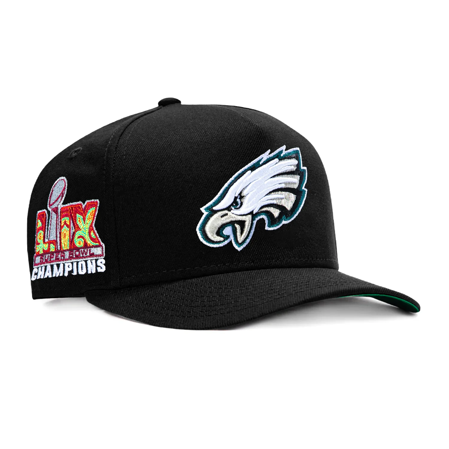 Image of New Era 9Fifty A-Frame Black Dome Philadelphia Eagles 2025 Super Bowl Champions Patch Snapback Pre-Curved Hat - Black