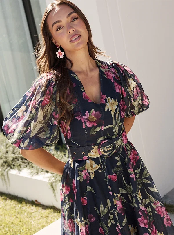 Romantic Bloom Midi Dress in Navy Pink Floral