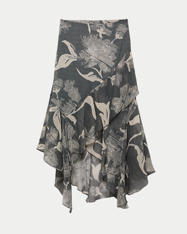 Printed Ruffle Midi Skirt in Dark Grey Mix
