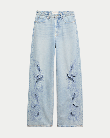Pure Cotton Embroidered Cutwork High Waisted Wide Leg Jeans in Light Indigo