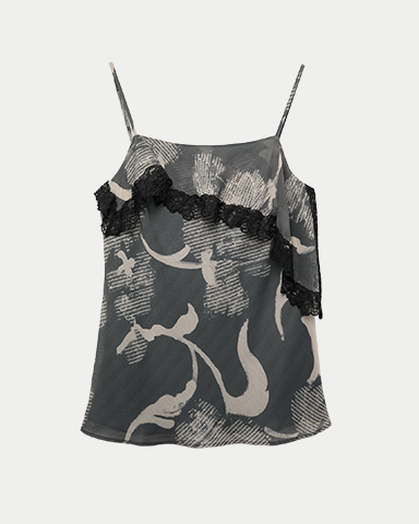Printed Lace Trim Ruffle Cami Top in Grey Mix