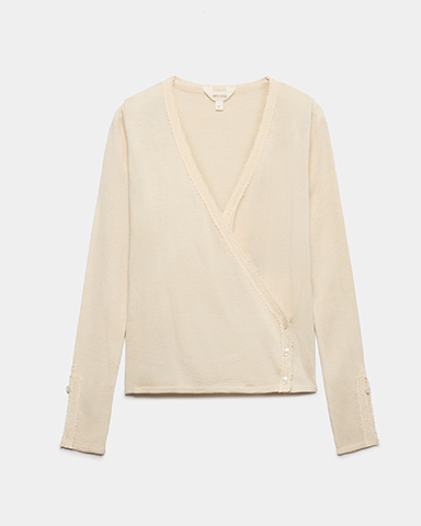 V-Neck Lace Trim Wrap Cardigan in Ecru