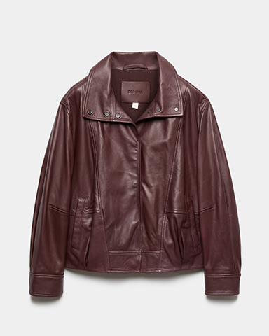 Leather Funnel Neck Jacket in Raisin