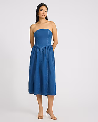 Denim Strapless Dipped Waist Smocked Back Midi Dress