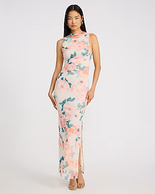 Mesh Floral Ruched Maxi Sheath Dress