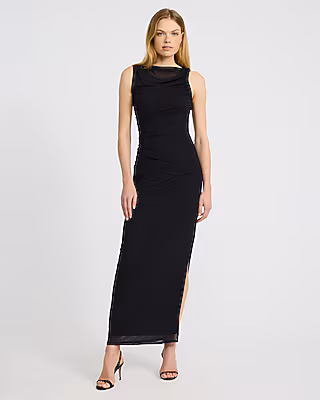 Mesh Crew Neck Sleeveless Ruched Maxi Dress